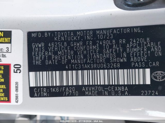 4T1C31AK9RU063268 Toyota Camry Hybrid Le