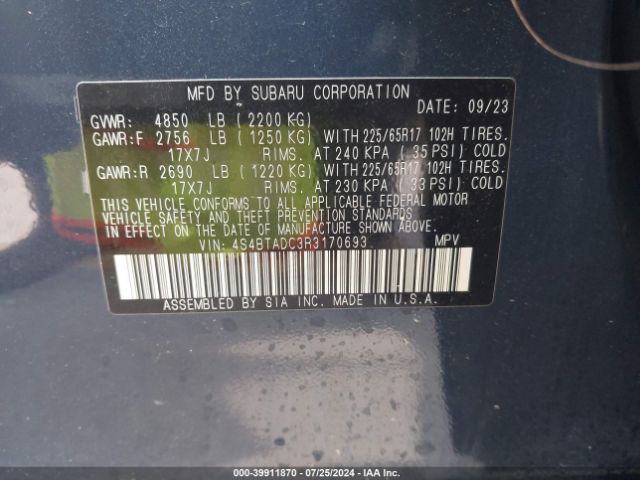 4S4BTADC3R3170693 Subaru Outback Premium