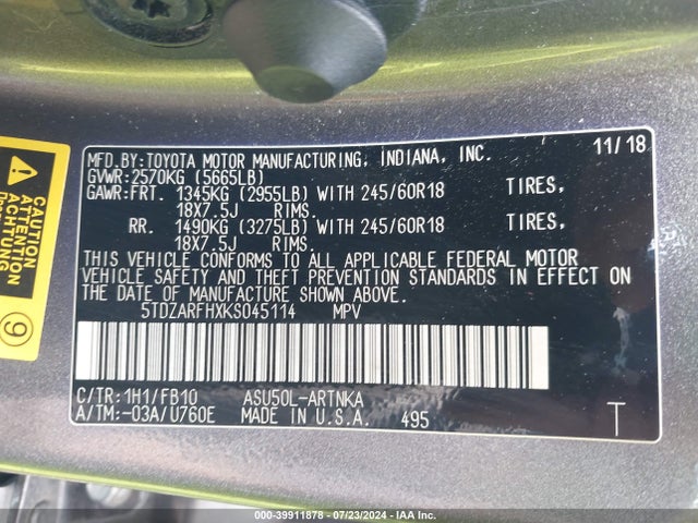 Toyota Highlander Le 2019 5TDZARFHXKS045114 Image 9