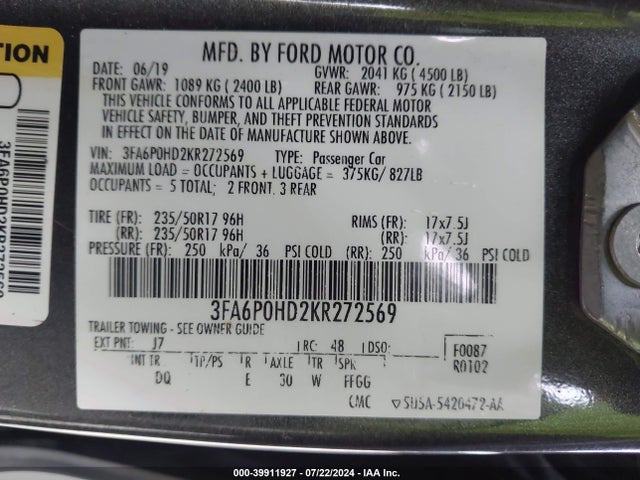 Ford FUSION SE 2019 3FA6P0HD2KR272569 Image 9