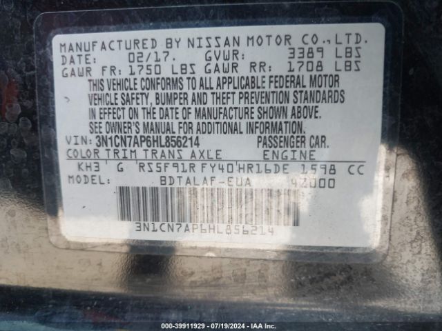 3N1CN7AP6HL856214 Nissan Versa 1.6 S