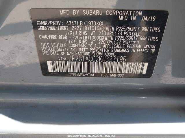 Subaru Crosstrek 2.0i Premium 2019 JF2GTACC2KH323196 Image 9