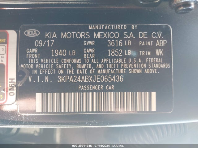 3KPA24ABXJE065436 KIA RIO LX