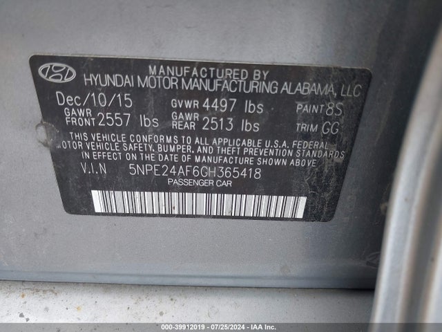 5NPE24AF6GH365418 Hyundai SONATA SE