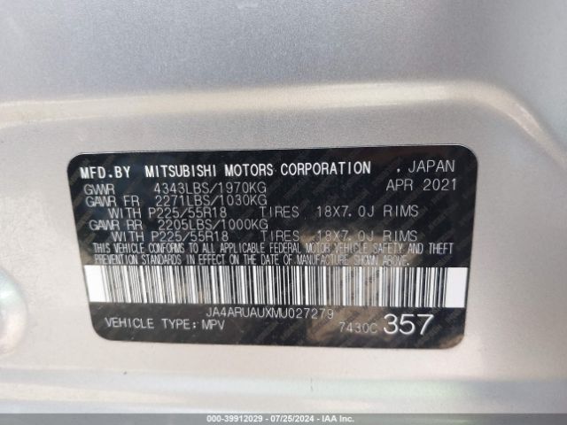 JA4ARUAUXMU027279 Mitsubishi Outlander Sport 2.0 Be Awc/2.0 Es Awc/2.0 Le Awc/2.0 Se Awc