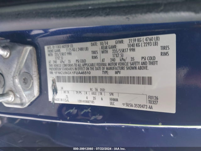Ford ESCAPE SE 2015 1FMCU9GX1FUA46510 Image 9