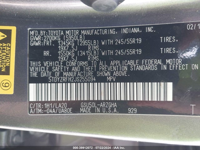 Toyota Highlander Limited Platinum 2018 5TDYZRFH2JS255094 Image 9
