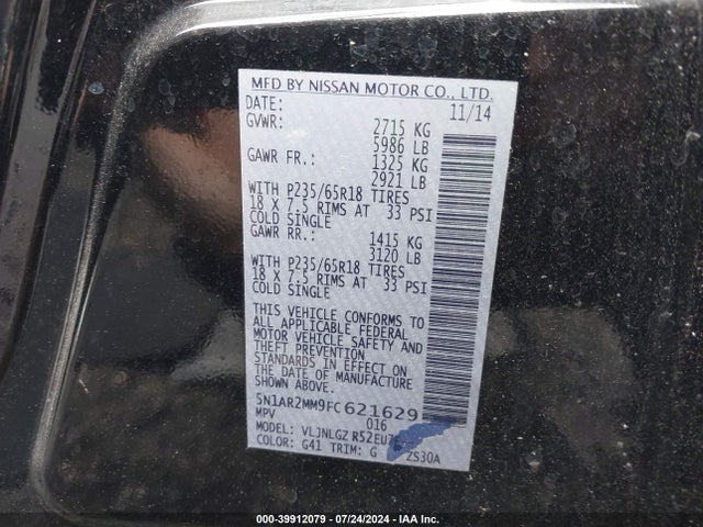 Nissan Pathfinder Sl 2015 5N1AR2MM9FC621629 Image 9