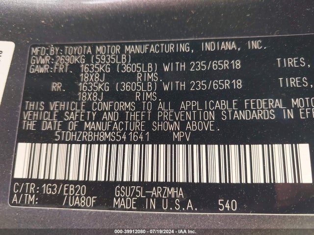 Toyota Highlander Xle 2021 5TDHZRBH8MS541641 Image 9
