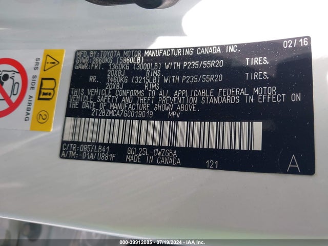 2T2BZMCA7GC019019 Lexus RX 350