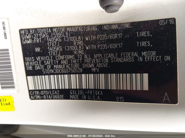 5TDYK3DC6GS750528 Toyota Sienna Xle Premium 8 Passenger