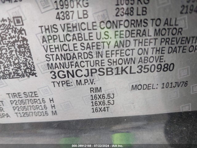 Chevrolet Trax Lt 2019 3GNCJPSB1KL350980 Image 9