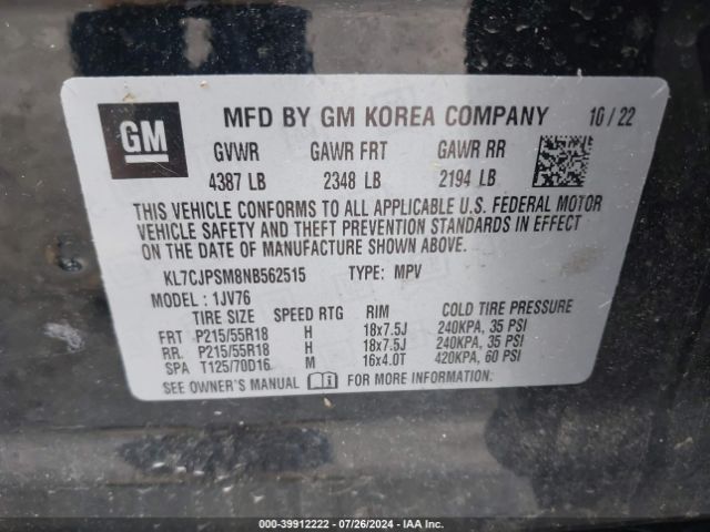 Chevrolet Trax Awd Lt 2022 KL7CJPSM8NB562515 Image 9