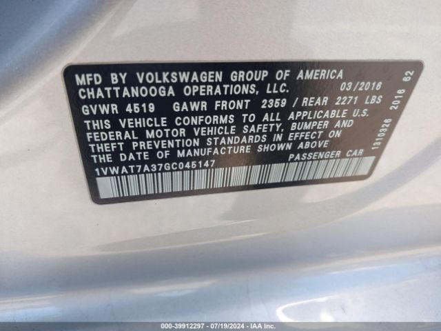 1VWAT7A37GC045147 Volkswagen Passat 1.8t S