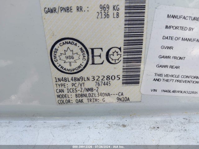 1N4BL4BW9LN322805 Nissan Altima S Intelligent Awd