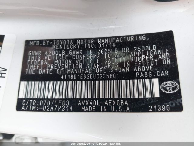 4T1BD1EB2EU023580 Toyota Avalon Hybrid Xle Premium