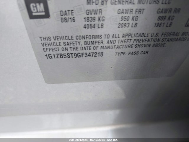 Chevrolet MALIBU LS 2016 1G1ZB5ST9GF347218 Image 9