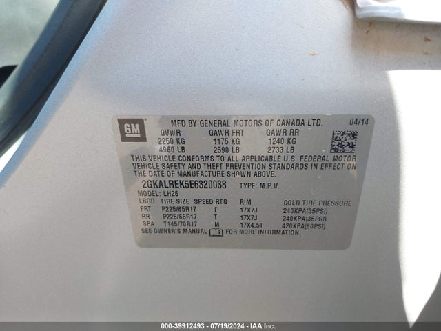 GMC Terrain Sle-2 2014 2GKALREK5E6320038 Image 9