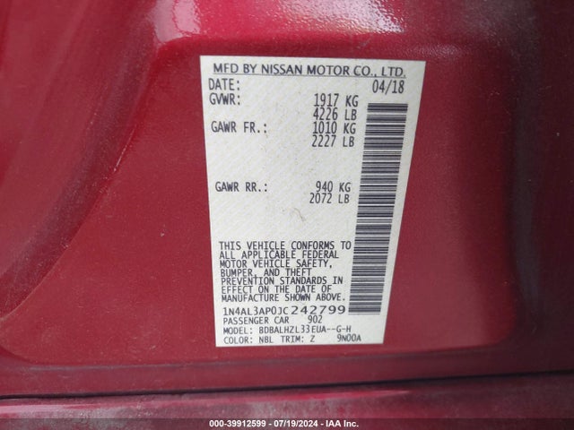 Nissan Altima 2.5 Sr 2018 1N4AL3AP0JC242799 Image 9