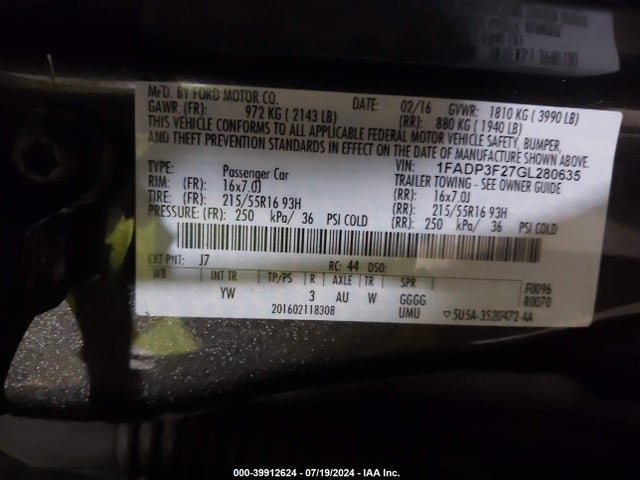 Ford FOCUS SE 2016 1FADP3F27GL280635 Image 9