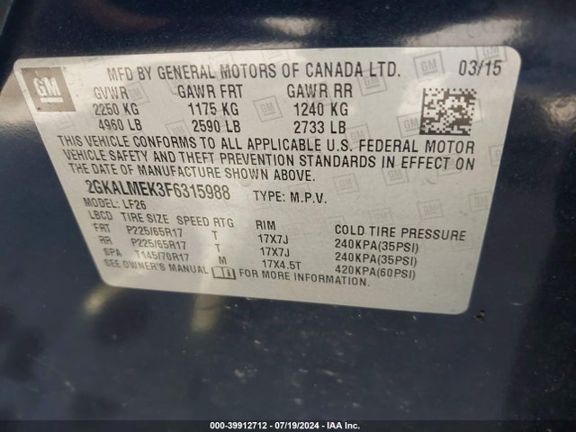 GMC Terrain Sle-1 2015 2GKALMEK3F6315988 Image 9