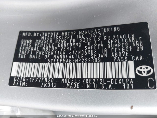 Toyota COROLLA LE 2021 5YFEPMAE5MP222399 Image 9