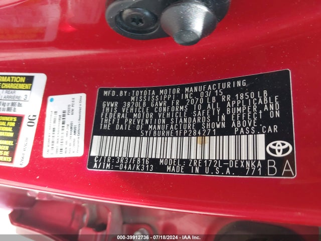 Toyota COROLLA LE 2015 5YFBURHE1FP284271 Image 9