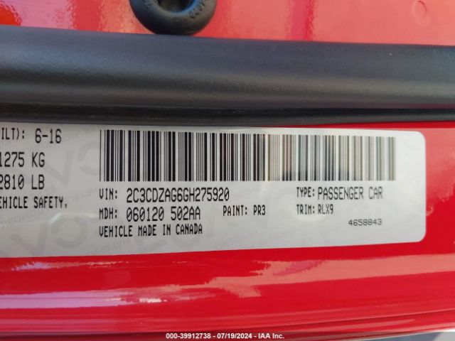 2C3CDZAG6GH275920 Dodge Challenger Sxt Plus