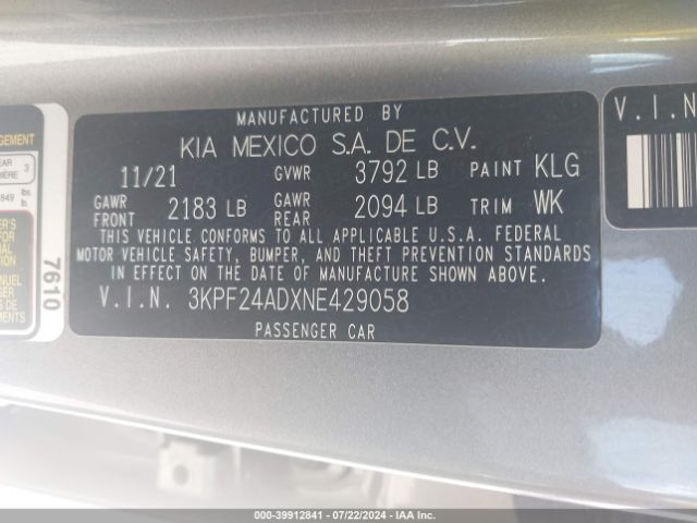 3KPF24ADXNE429058 KIA Forte Lxs