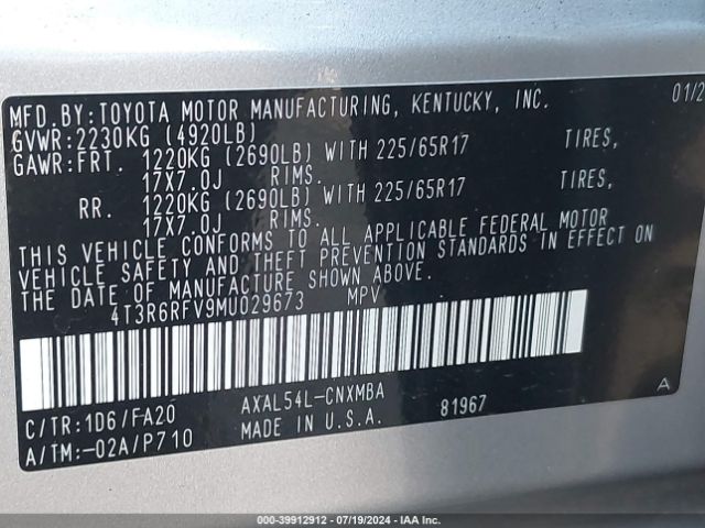 4T3R6RFV9MU029673 Toyota Rav4 Hybrid Xle