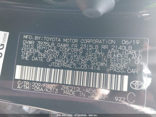 JTDEPRAE7LJ051414 Toyota COROLLA LE