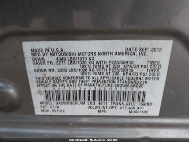 4A4AP3AU3EE009507 Mitsubishi Outlander Sport Es