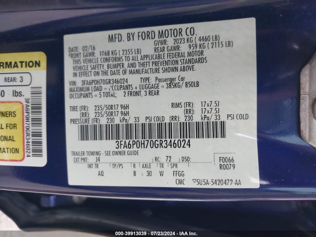 Ford FUSION SE 2016 3FA6P0H70GR346024 Image 9