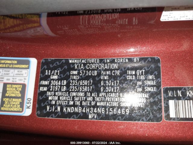 KNDNB4H34N6156469 KIA Carnival Mpv Lx Seat Package
