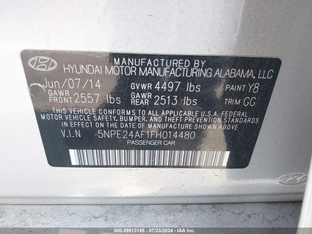 Hyundai SONATA SE 2015 5NPE24AF1FH014480 Image 9