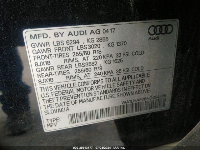 WA1LHAF76HD054496 Audi Q7 2.0t Premium