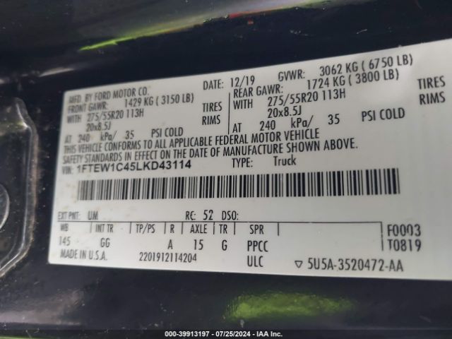 1FTEW1C45LKD43114 Ford F-150 Xl