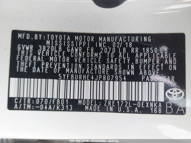 Toyota COROLLA LE 2018 5YFBURHE4JP807954 Image 9
