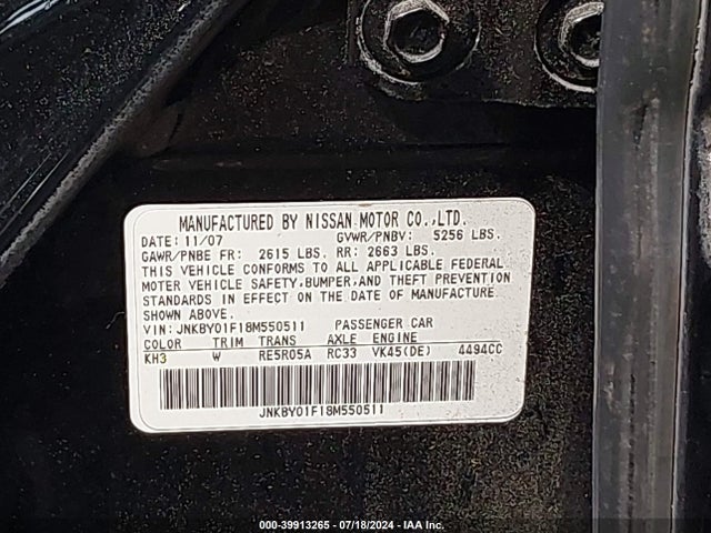 Aukcja sprzedaży 2008 Infiniti M45x, vin: JNKBY01F18M550511, numer aukcji: 39913265