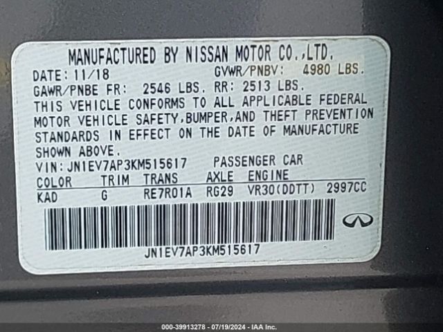 JN1EV7AP3KM515617 Infiniti Q50 3.0t Luxe