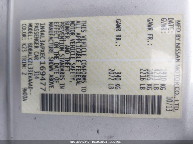 Nissan Altima 2.5 Sl 2014 1N4AL3APXEC169477 Image 9
