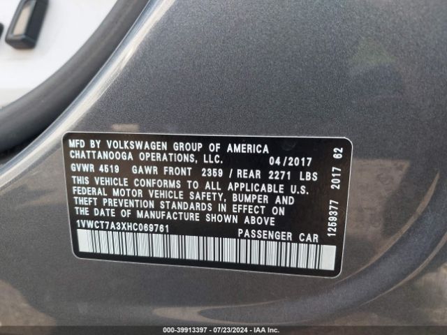 1VWCT7A3XHC069761 Volkswagen Passat 1.8t Sel Premium