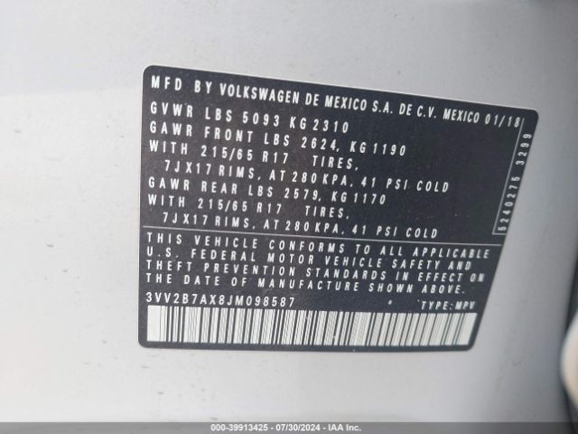 3VV2B7AX8JM098587 Volkswagen Tiguan 2.0t Se/2.0t Sel