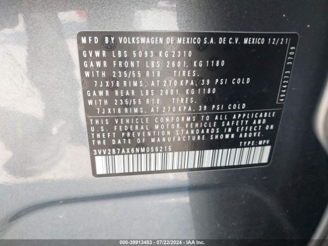 3VV2B7AX6NM056215 Volkswagen Tiguan 2.0t Se