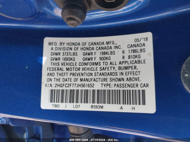 Honda CIVIC EX 2018 2HGFC2F77JH561652 Image 9