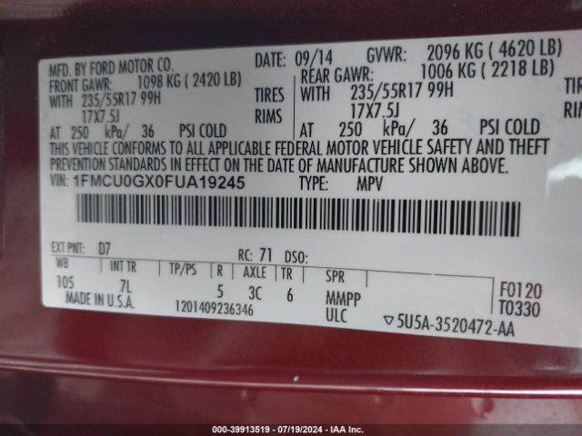 1FMCU0GX0FUA19245 Ford ESCAPE SE