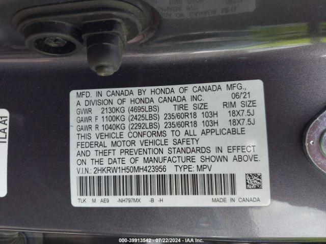 2HKRW1H50MH423956 Honda Cr-v 2wd Ex