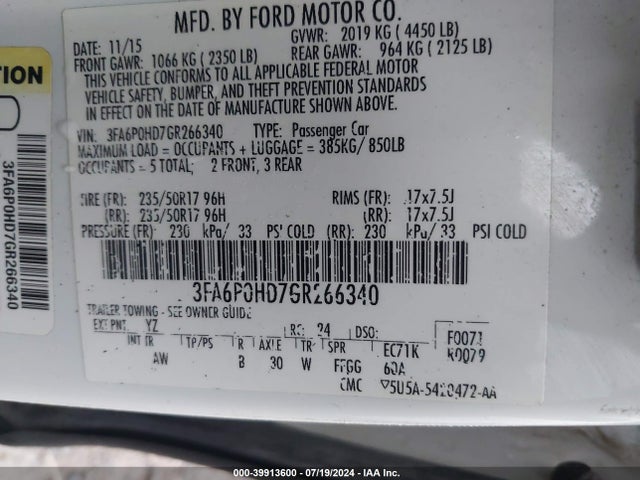Ford FUSION SE 2016 3FA6P0HD7GR266340 Image 9