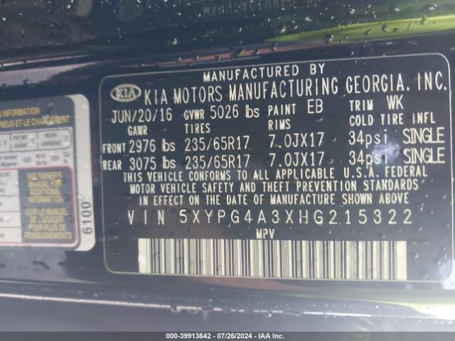 5XYPG4A3XHG215322 KIA Sorento 2.4l Lx
