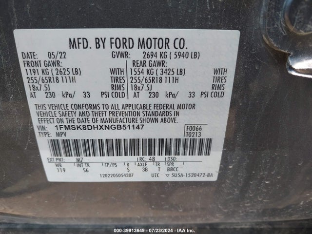 Ford EXPLORER XLT 2022 1FMSK8DHXNGB51147 Image 9